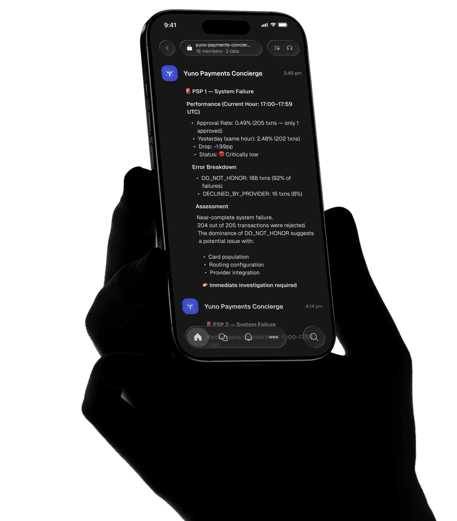 Celular mostrando alertas de pagamento com IA no Slack